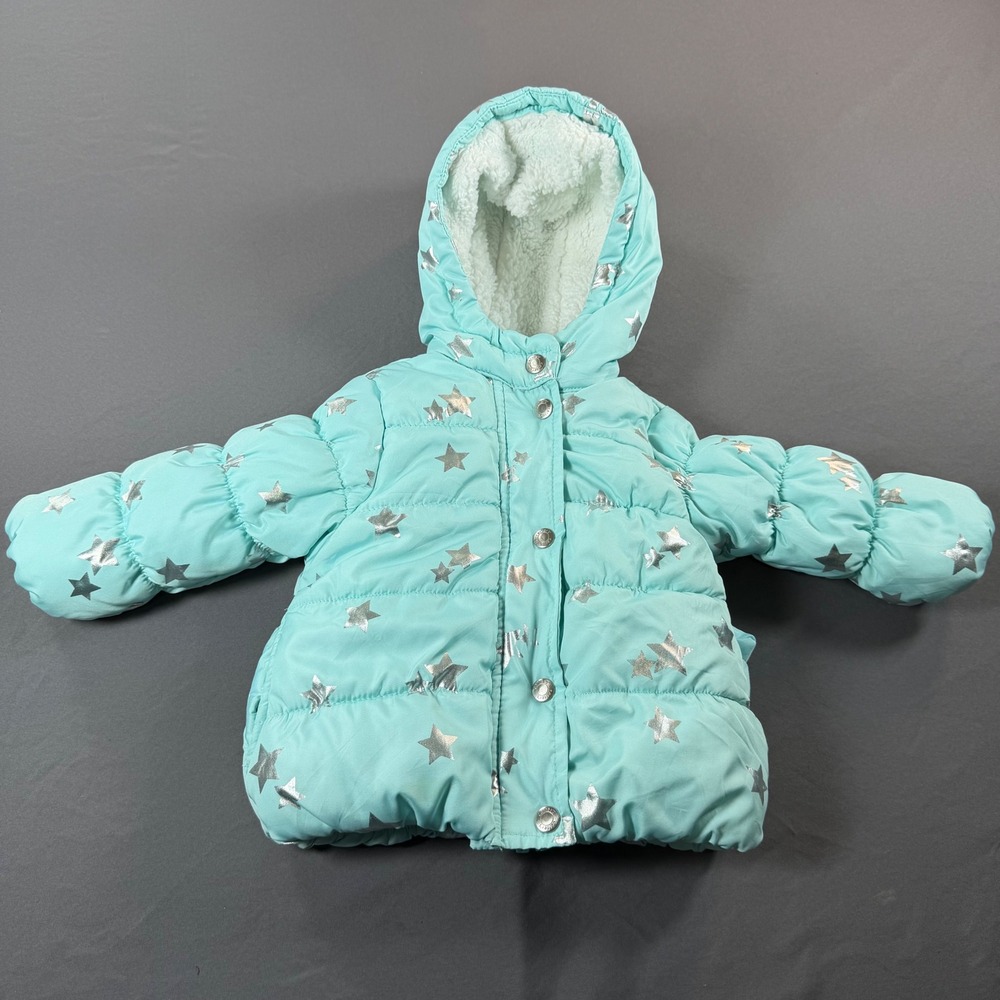 Carters Baby Girl Aqua Blue Silver Star Puffer Jacket Sherpa Hood 12M C2195S90